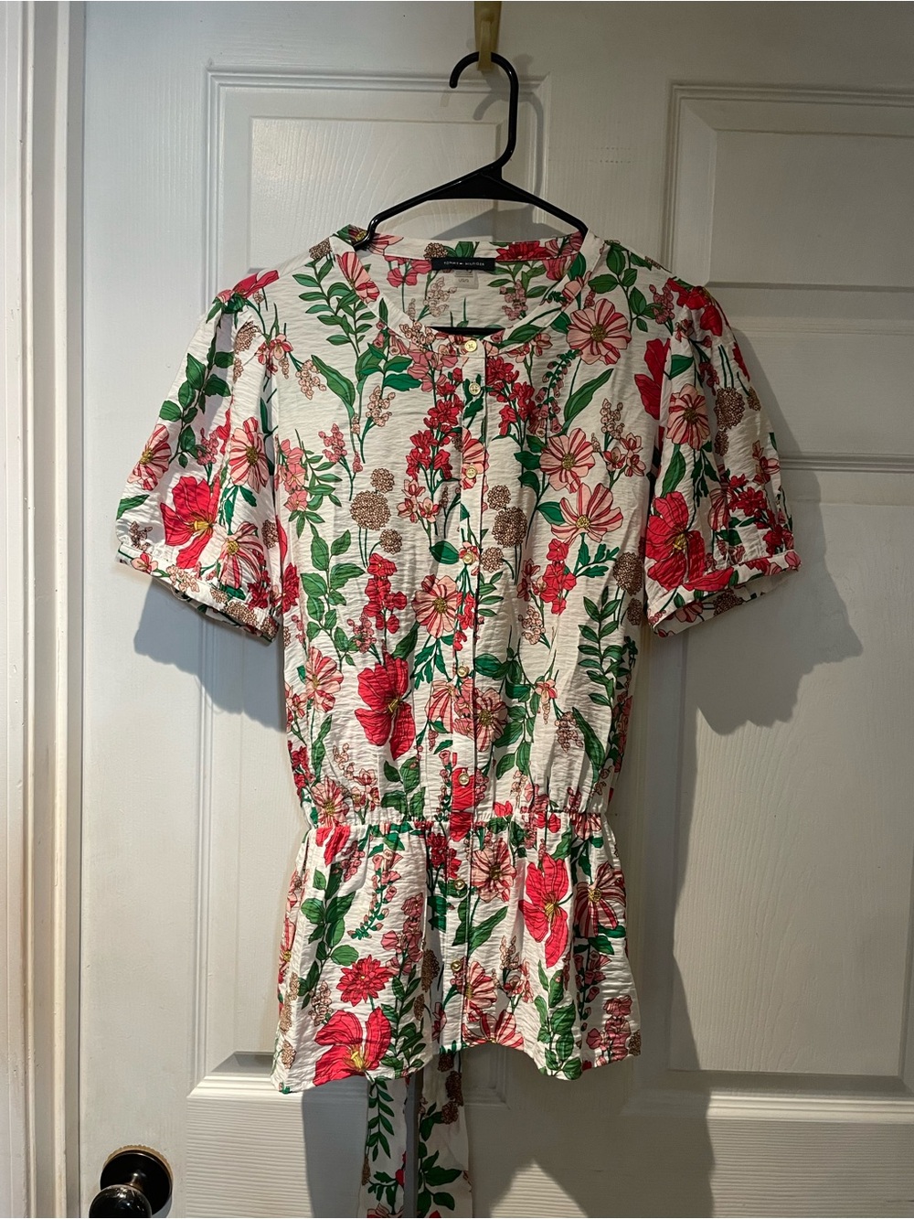 Tommy Hilfiger White Floral Button-Front Top with Tie Back Large